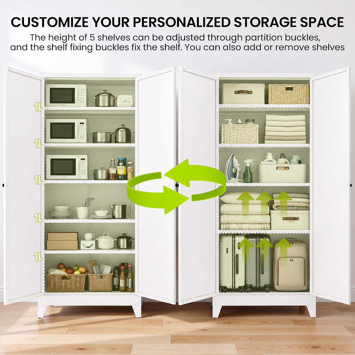 AQY 75" Pantry Cabinet, White Freestanding Storage Cabinet with 5 Adjustable Shelves, Metal Pantry Cupboard with Ventilation Design & Hanging Hooks, 2-Door Kitchen Organizer for Living Room Kitchen