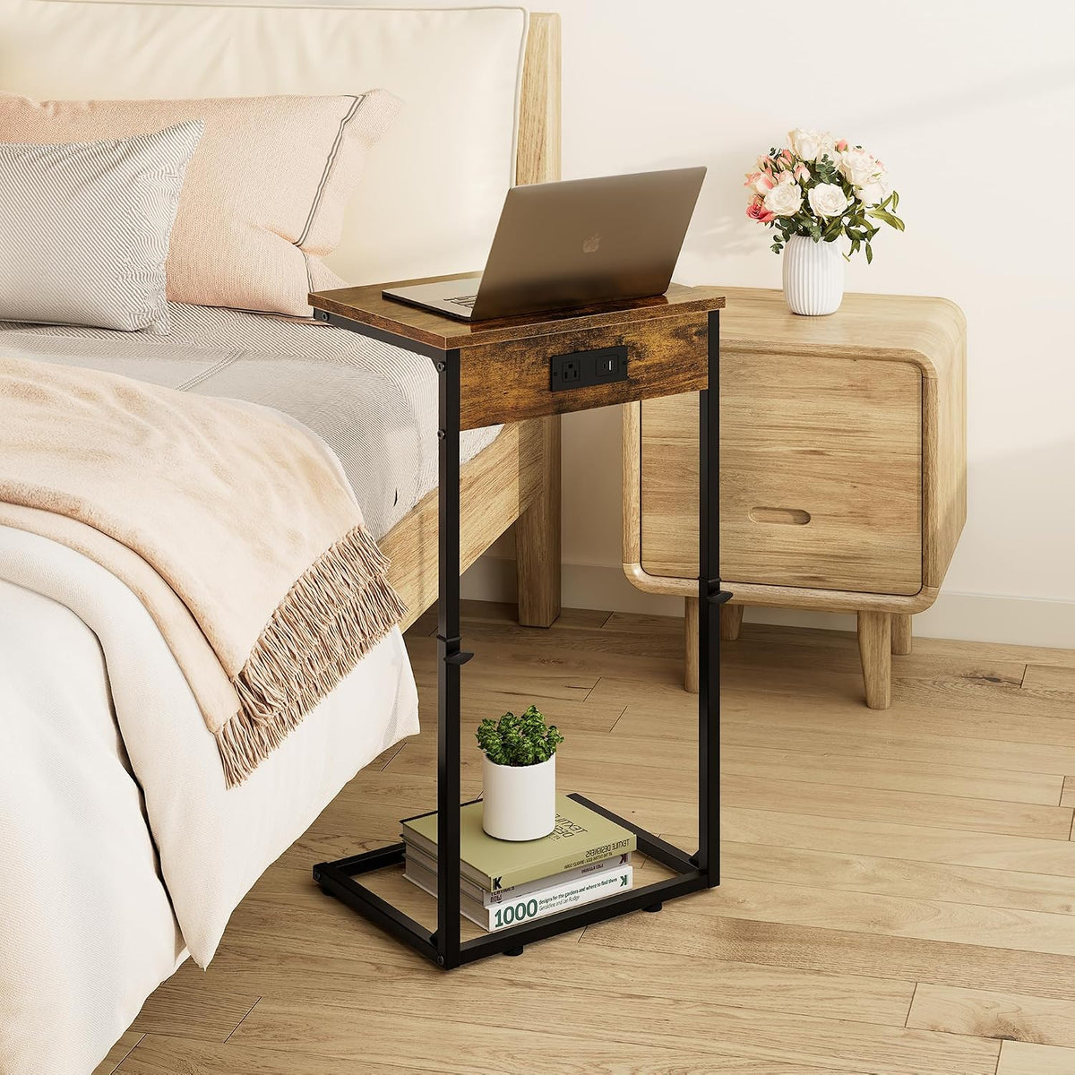 Vagusicc C Shaped End Table with Charging Station, Adjustable Height Side Table for Couch, Small Side Table, 33.2'' Tall Couch Tables that Slide Under, Tv Tray End Table for Living Room, Rustic Brown