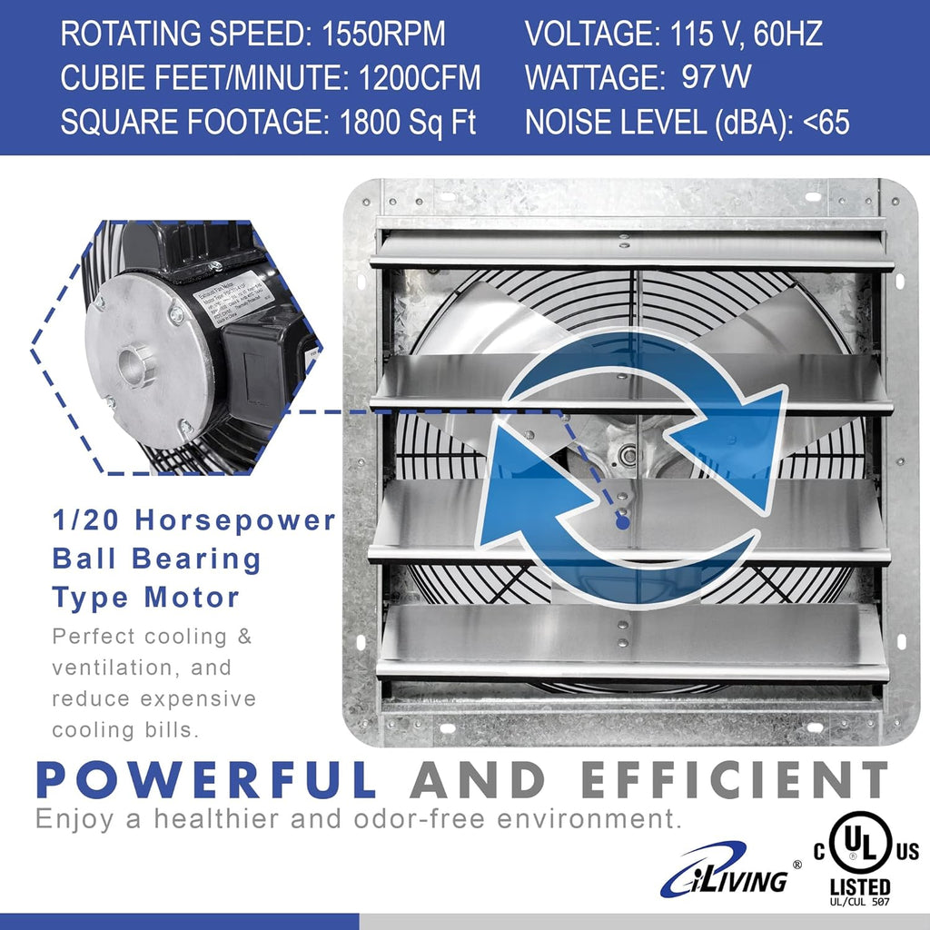 iLIVING 16" Wall Mounted Shutter Exhaust Fan, Automatic Shutter, with Thermostat and Variable Speed controller, 0.85A, 1200 CFM, 1800 SQF Coverage Area Silver (ILG8SF16V-ST)