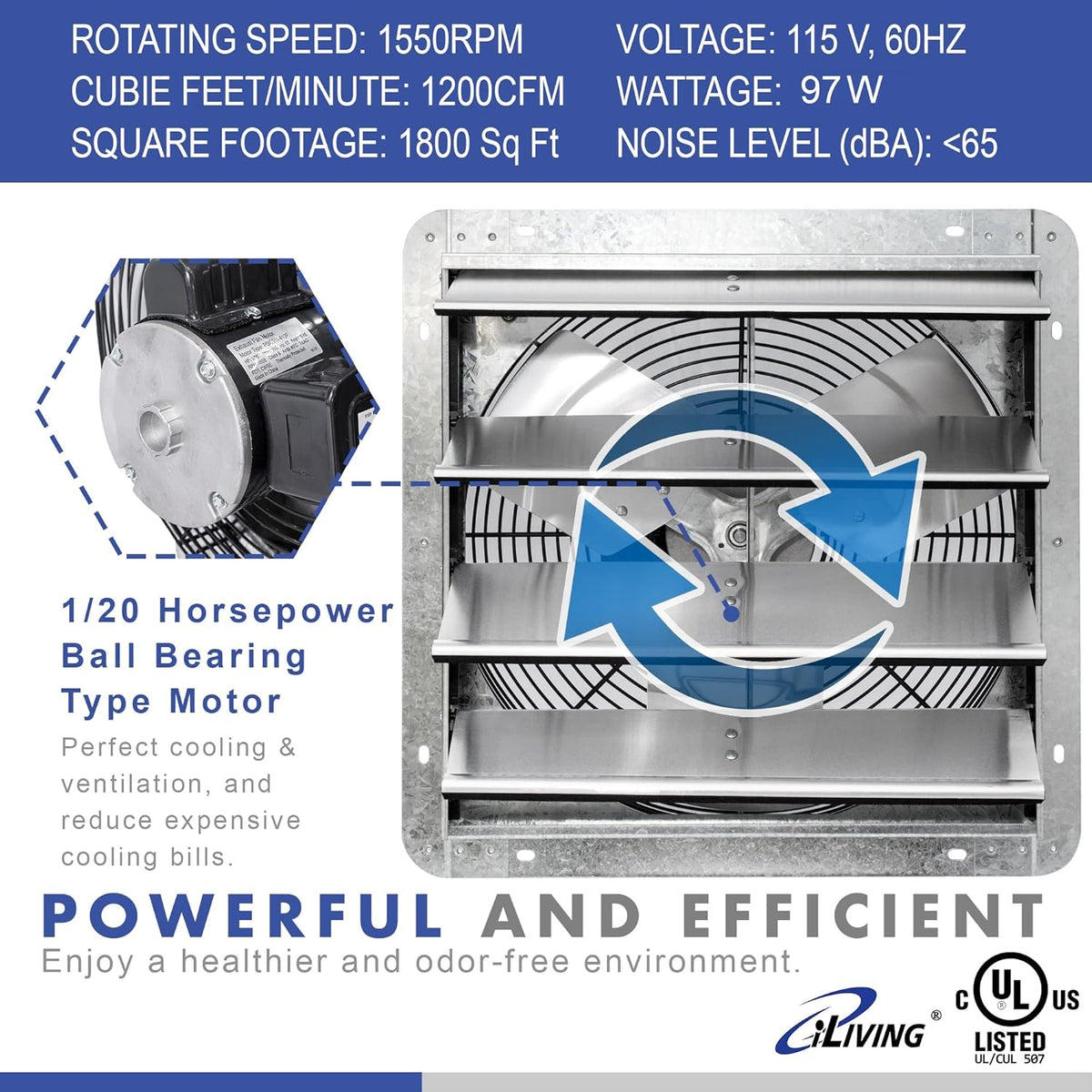 iLIVING 16" Wall Mounted Shutter Exhaust Fan, Automatic Shutter, with Thermostat and Variable Speed controller, 0.85A, 1200 CFM, 1800 SQF Coverage Area Silver (ILG8SF16V-ST)