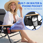 Cansky Portable Beach Chair for Adults, Outdoor Lightweight Camping Chair with Wooden Desgin Armrests, 5-Position Reclining Flat Lay, Cup Holder, Zipper Pouch, Backpack Design, No Towel Rack, Black