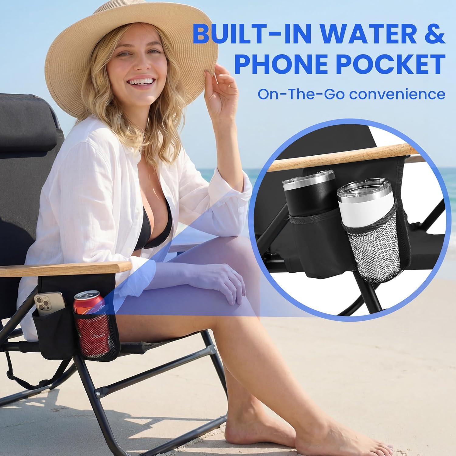 Cansky Portable Beach Chair for Adults, Outdoor Lightweight Camping Chair with Wooden Desgin Armrests, 5-Position Reclining Flat Lay, Cup Holder, Zipper Pouch, Backpack Design, No Towel Rack, Black