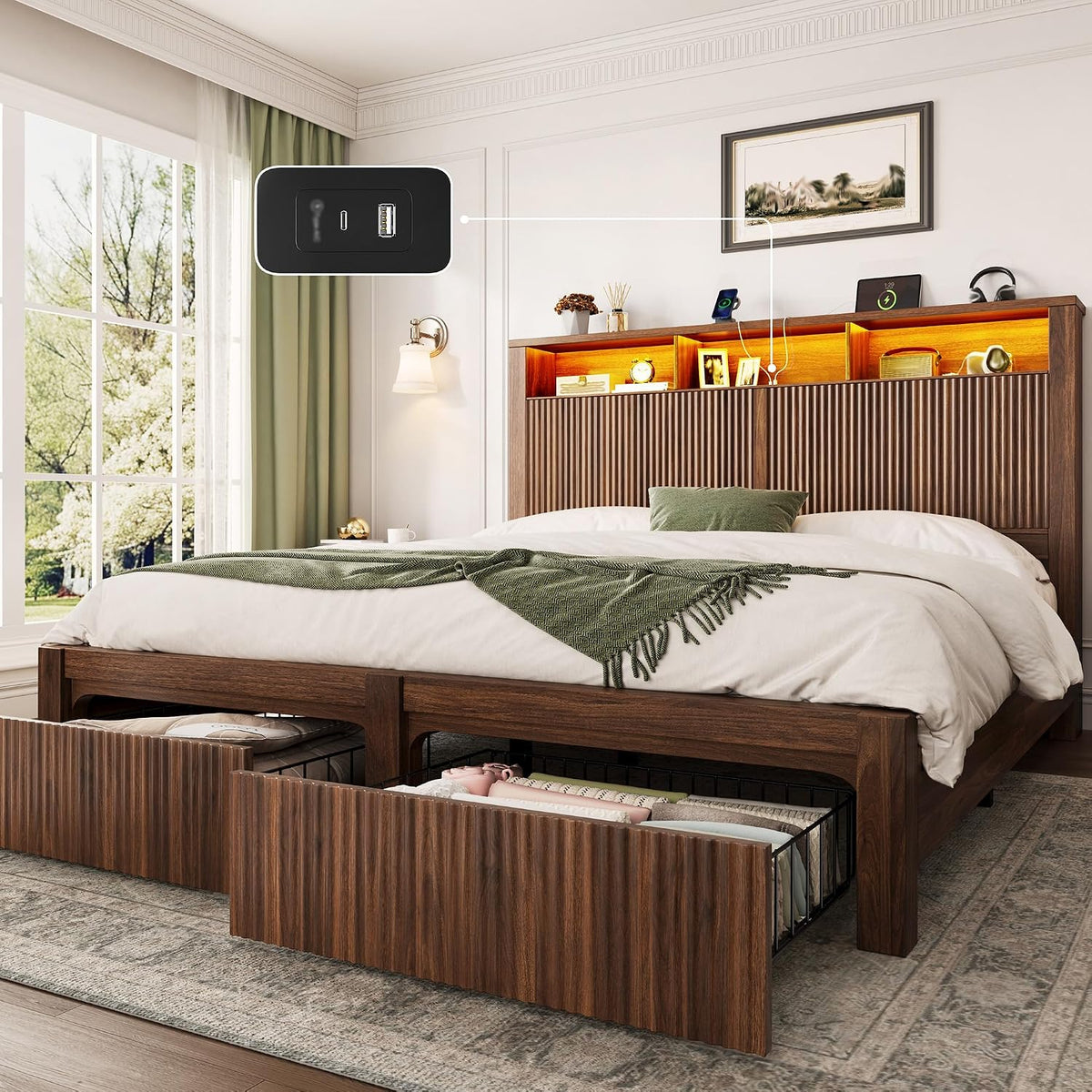 CypBed Queen Size Bed Frame with Headboard and 2 Storage Drawers, Walnut