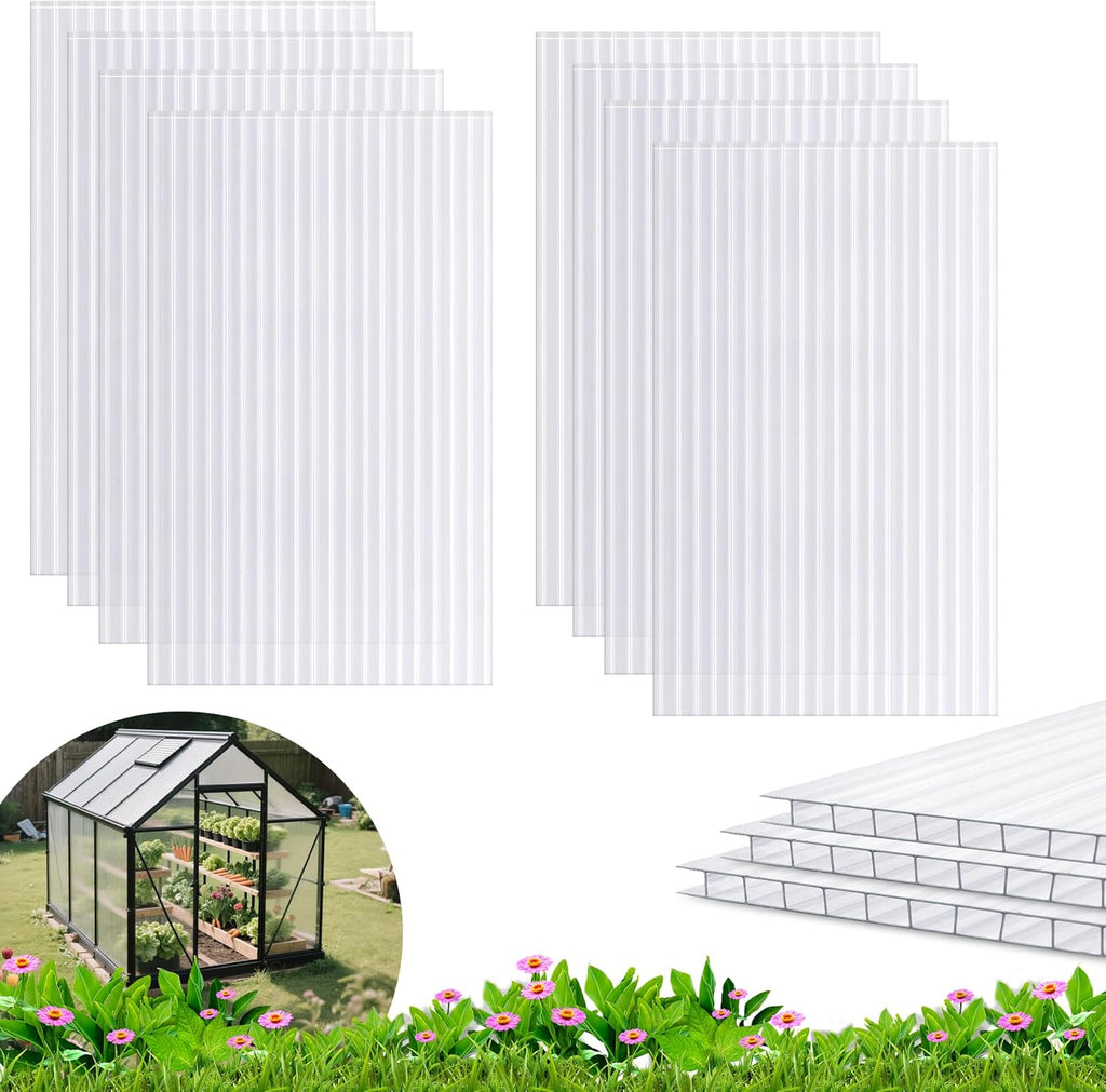 8PCS 10' x 6' x 0.16'' Polycarbonate Greenhouse Panels Sheets, Twin-Wall Roof Panels, Waterproof UV Protected Corrugated Plastic Roof Panels Sheets, Clear Replacement Panels for Greenhouse
