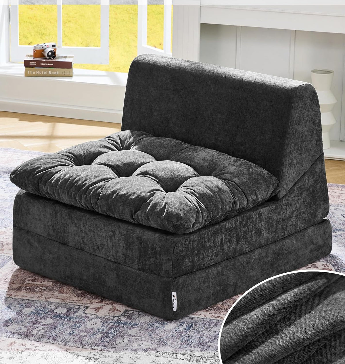 Hobestluk Sofa Couch Folding Sofa Bed Comfy Floor Lounger Convertible Sofa with Removable Cushion Couches for Small Spaces Foldable Mattress for Living Room Bedroom or Office (Chenille Grey, Large)