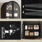 YITAHOME 71" Arched Pantry Cabinet with Glass Door, Shelves & Drawer, Black | Farmhouse Wood Cupboard with Adjustable Shelves for Living Room and Dining Room