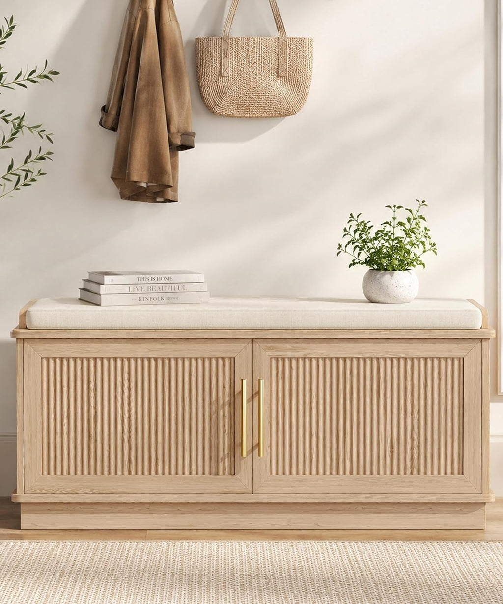 Akxomel 39.4" Fluted Shoe Storage Bench 2 Doors Wooden Entryway Bench Oak | 2 Tier Shoe Bench with Padded Cushion, Adjustable Shelves and 2 Doors, Curved Profile, for Hallway, Living Room, Bedroom