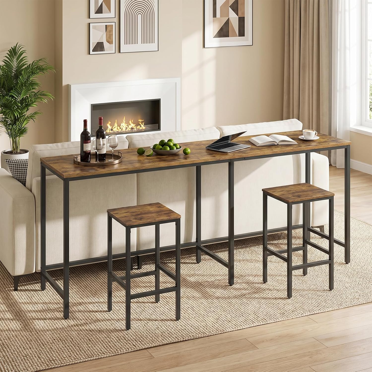 YATINEY L-Shaped Bar Table Chairs Set, 78.7" Bar Height Table and 2 Chairs, Convertible Bar Table with Stools for Kitchen, Corner, Apartment, Easy to Assemble, Rustic Brown and Black BT14BR