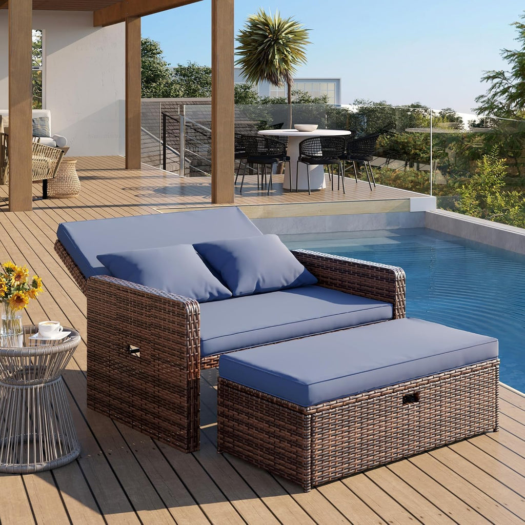 Amopatio Wicker Outdoor Daybed, Outdoor Loveseat with Storage Ottoman, Rattan Patio Daybed, Patio Loveseat with 4-Level Adjustable Backrest & Folding Tray, for Yard, Balcony, Porch, Poolside, Blue