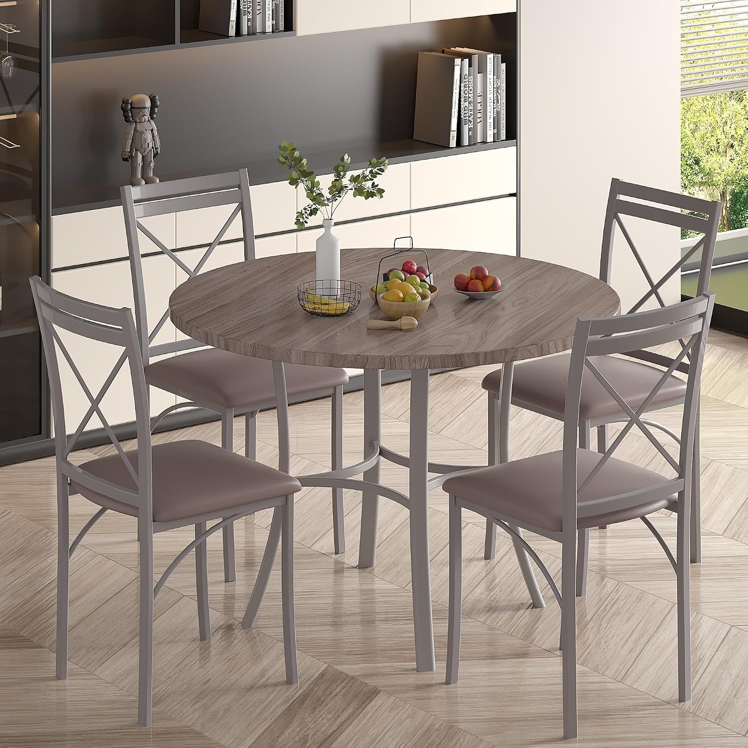 VECELO 5 Piece Dining Table Set for 4, Wood Grain Dinette with Chairs for Kitchen, Breakfast Nook, Small Space, Light Grey