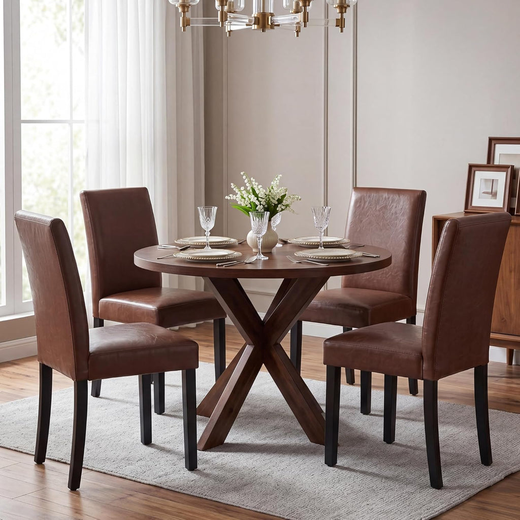 LSSBOUGHT Modern Dining Chair Urban Style Linen Kicthen Chairs with Solid Wood Legs for Dining Room and Restaurant (Brown, Set of 4)
