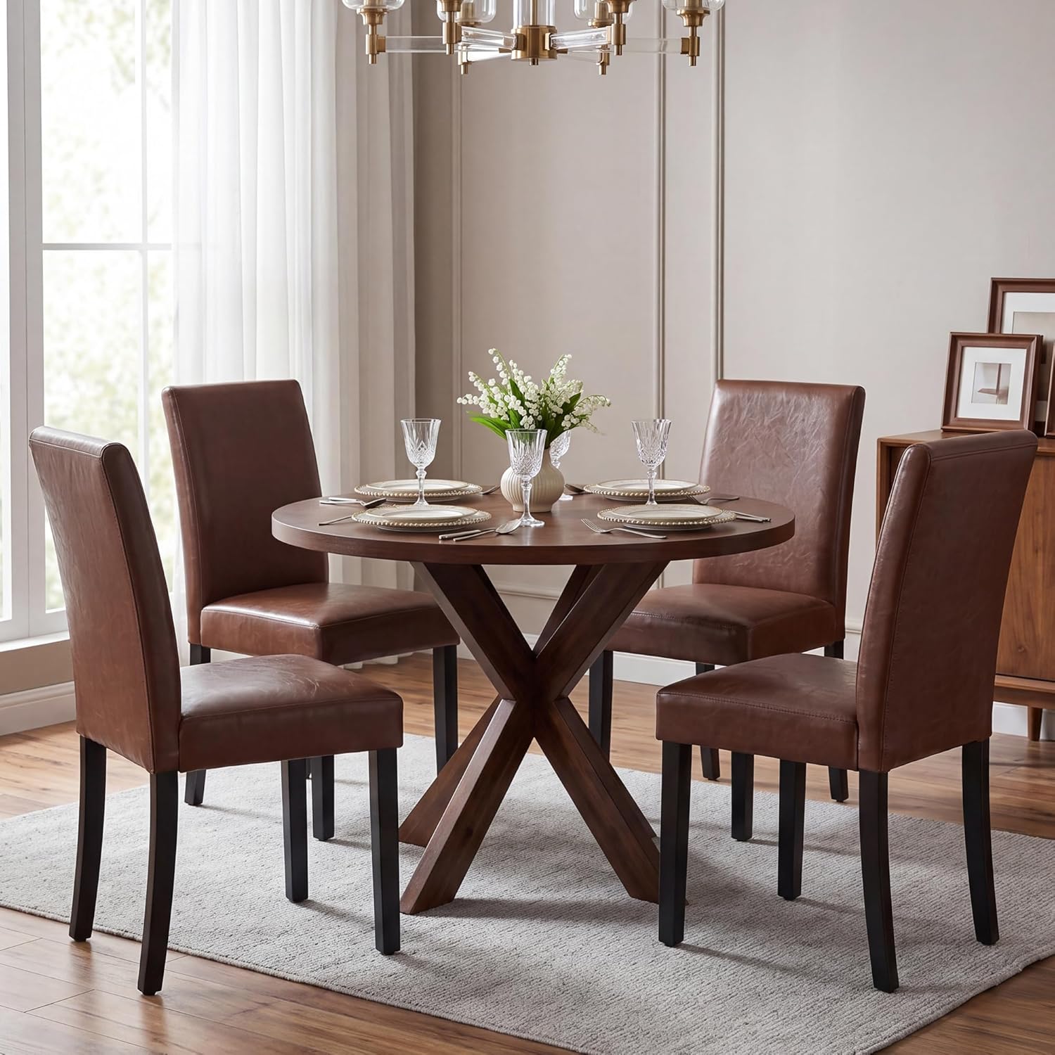 LSSBOUGHT Modern Dining Chair Urban Style Linen Kicthen Chairs with Solid Wood Legs for Dining Room and Restaurant (Brown, Set of 4)