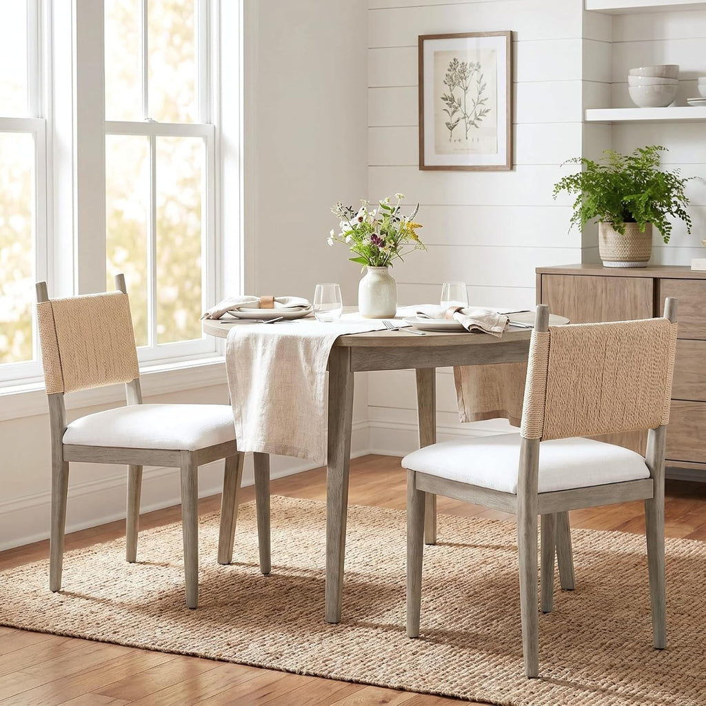chairus Boho Coastal Dining Chairs Set of 2, Linen Upholstered Dining Room Chairs with Woven Rope Back, Modern Farmhouse Kitchen Side Chairs, Weathered Gray Wood