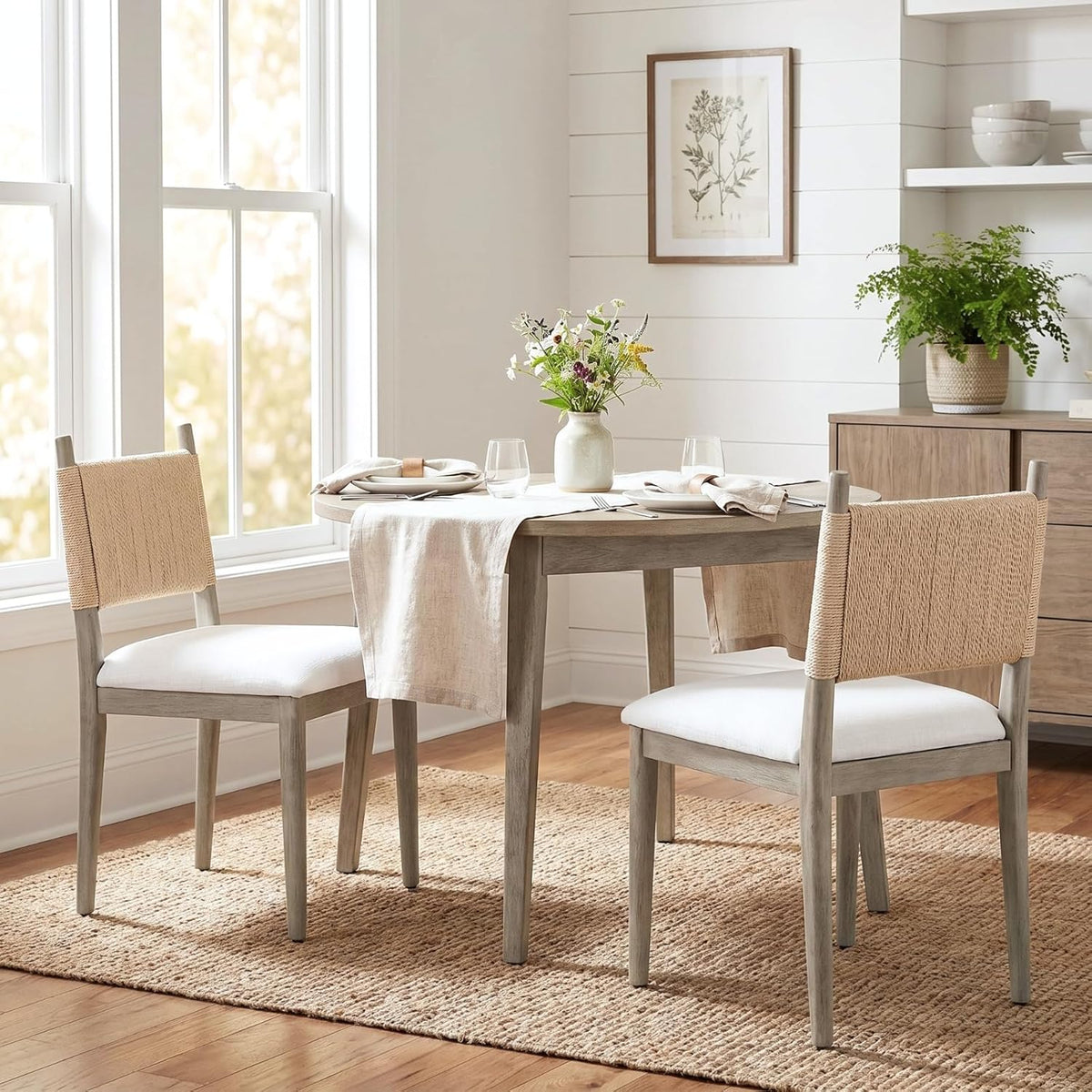 chairus Boho Coastal Dining Chairs Set of 2, Linen Upholstered Dining Room Chairs with Woven Rope Back, Modern Farmhouse Kitchen Side Chairs, Weathered Gray Wood