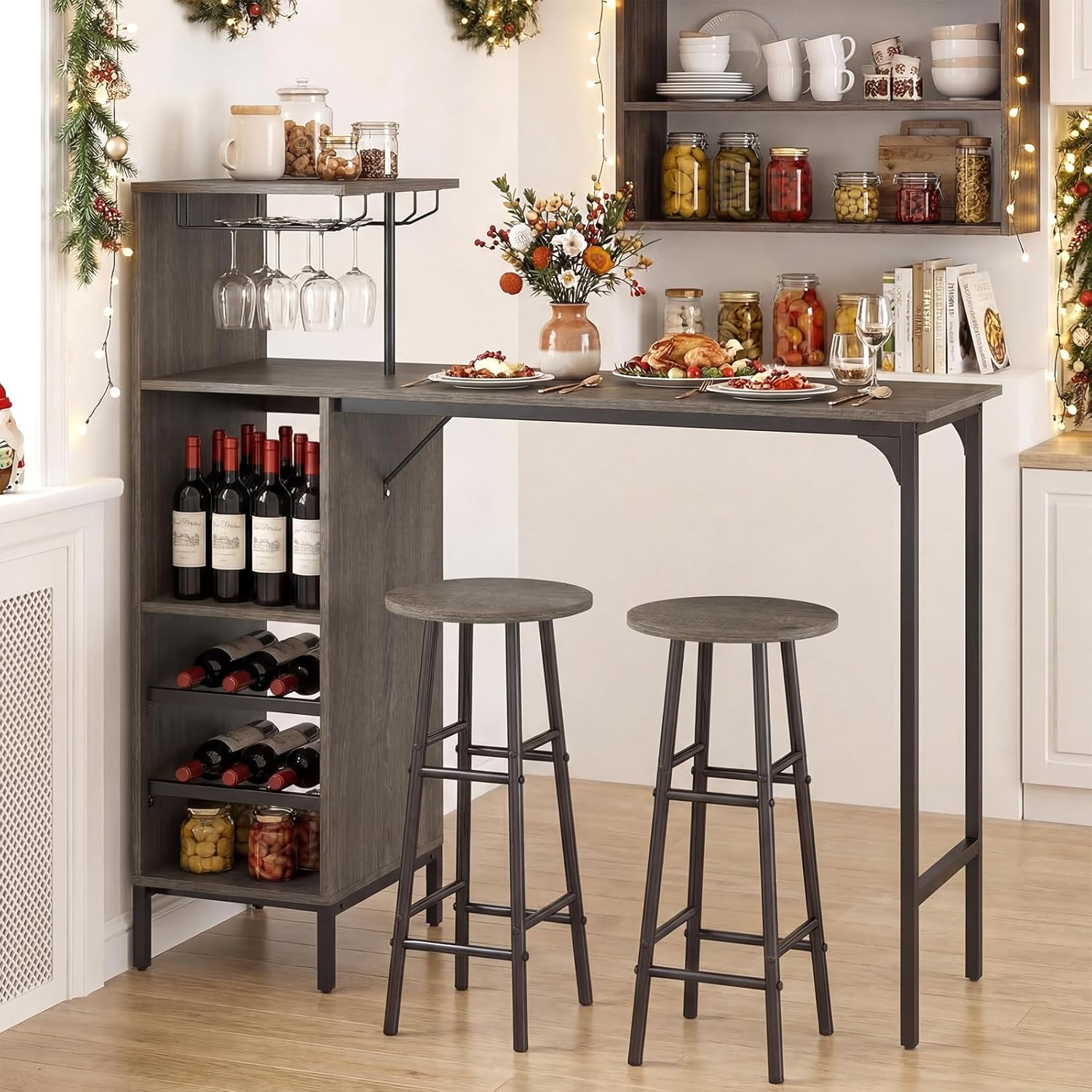 Giantex 3 Pieces Bar Table and Stools Set, Bistro Table Set with Glass Holder, 2 Tier Wine Rack & Storage Shelves, Kitchen Counter Table with 2 Stools for Home, Dining Room, Restaurant (Oak Gray)
