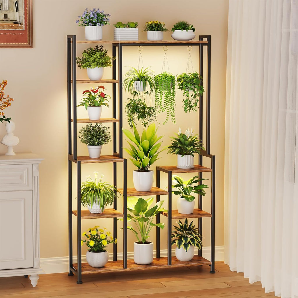 C2 Plant Stand Indoor with Grow Lights, Indoor Tiered Metal Plant Stand 70.87" Tall Plant Shelf with Hooks for Hanging, Plant Holder Display Shelves for Patio, Garden, Outdoor