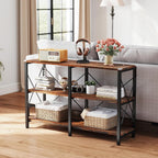 47" 3 Tier Industrial Book Shelf, Free Standing Horizontal Low Metal Rustic Farmhouse Book Case with Wood Shelves for Home Office, Den, or Living Room Rustic Brown and Black