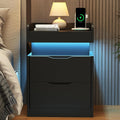 Modern Nightstand with Sliding Top, Night Stand with Charging Station and LED Lights, Bedside Table with 2 Drawers, End Side Table for Bedroom, Living Room, Office, Black
