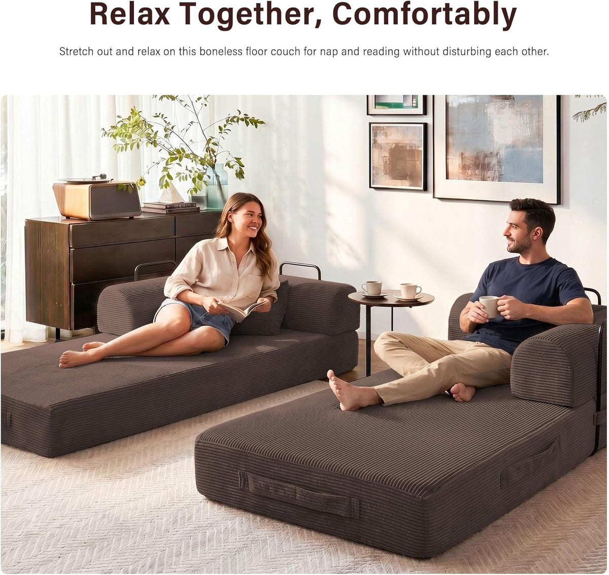79" Convertible Sofa Bed, 5-in-1 Corduroy Couch Bed Sofa Pull Out, Memory Foam Couch, No Assembly Futon Couches for Living Room (Brown)