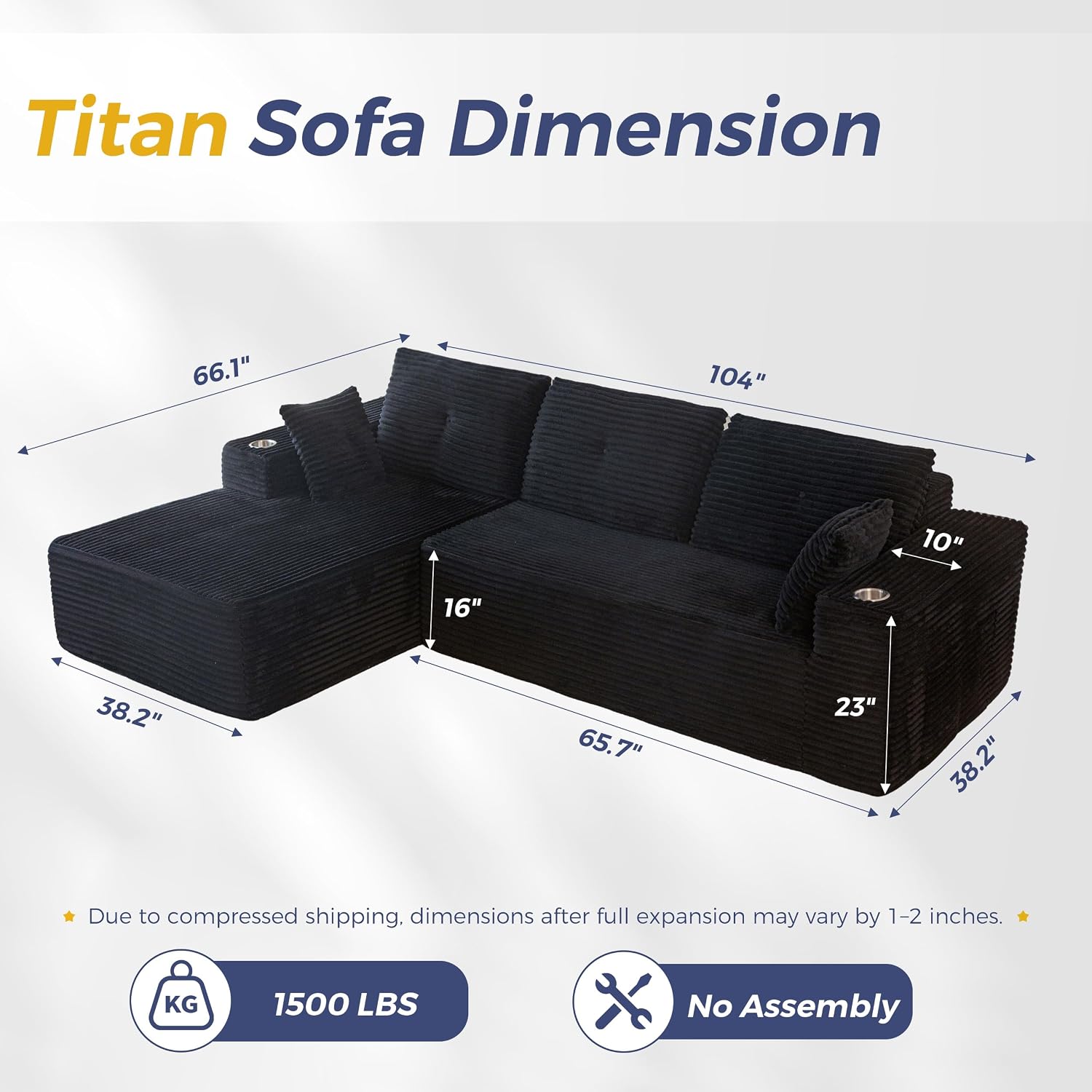 MAXYOYO 104" Modular Sectional Couch with L-Shape Chaise, Modern Couch for Living Room, Sofa in A Box, Oversized Sofa with Deep Seat, No Assembly Required, Black