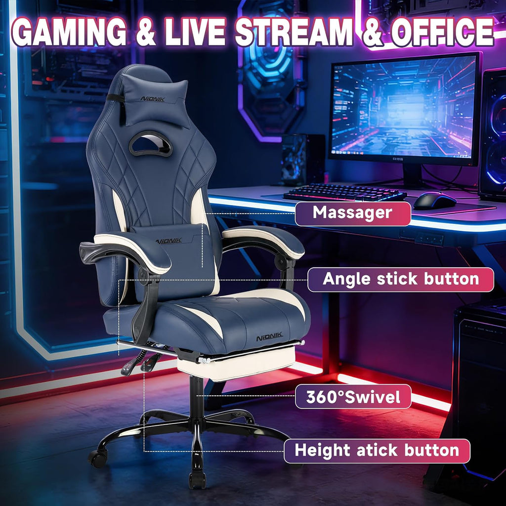 Gaming Chair with Footrest and Massage Lumbar Support, Ergonomic Computer Gamer Chair, Office Video Game Chairs (Blue)