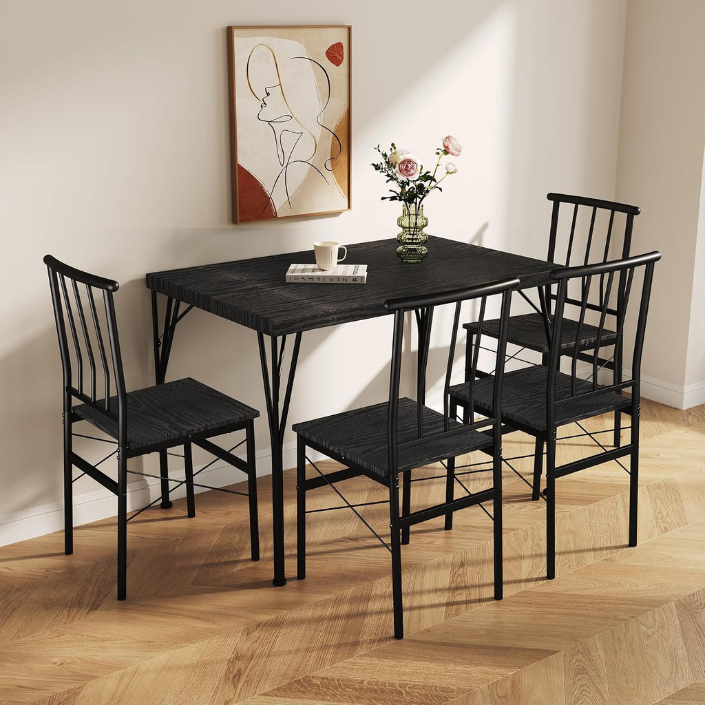 Dining Table Set for 4 with 1.6" Thick Tabletop, 5-Piece Kitchen Table Set, Space-Saving Rectangular Dining Room Kitchen Table Chair Set for Small Space,Dinette,Apartment,Rustic Black