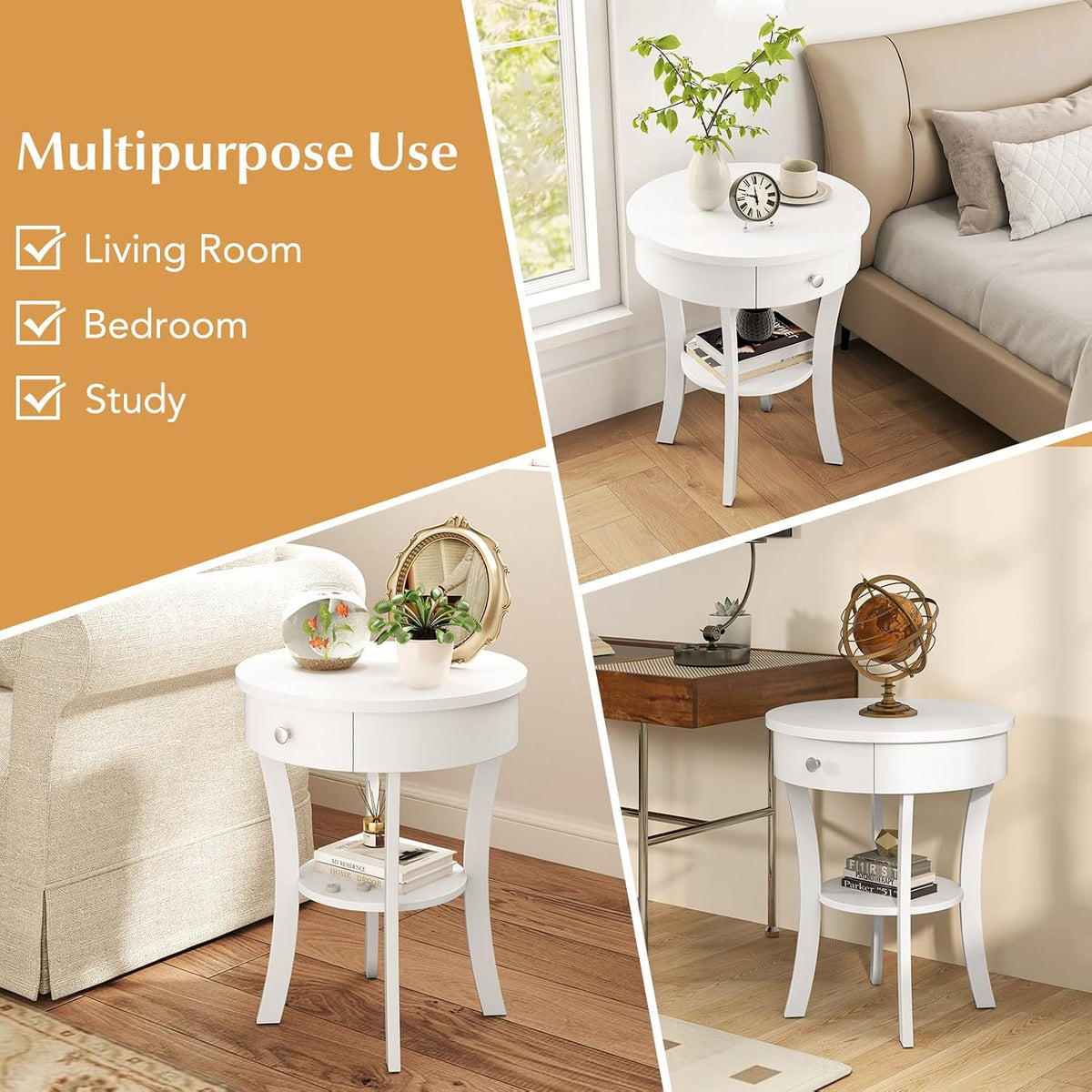 GOFLAME Round End Table with Drawer, 2-Tier Sofa Side Table with Solid Wood Legs, Open Storage Shelf, Vintage Accent Table, Display Table, Compact Nightstand for Living Room, White
