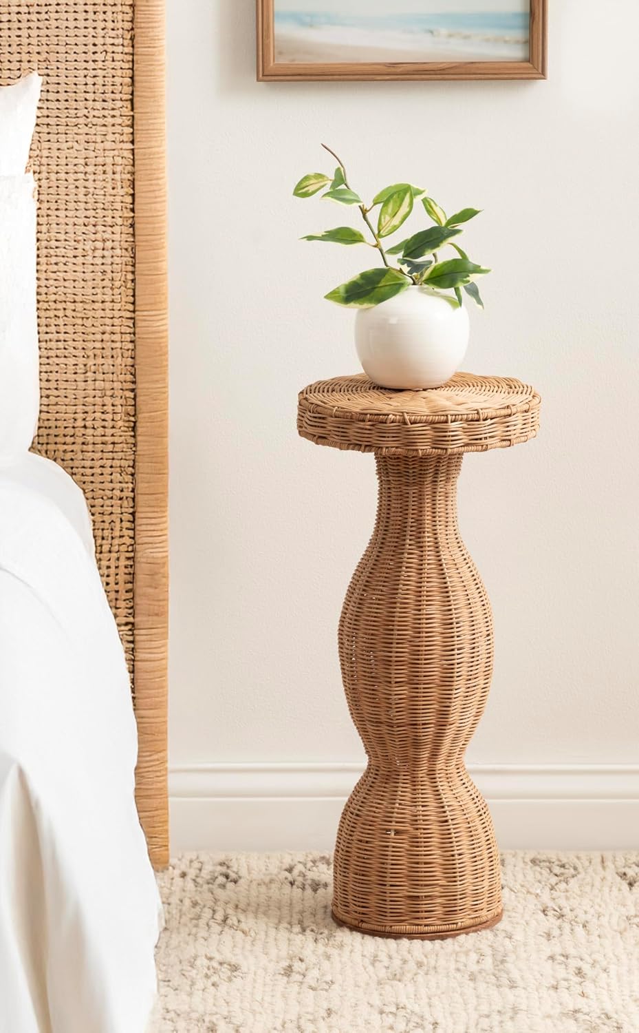 Kate and Laurel Sula Modern Woven Rattan Round Drink Table, 10 x 10 x 22, Natural Rattan, Boho Sculptural Circle Mini Table for Use as Indoor Plant Stand or Living Room Accent Table