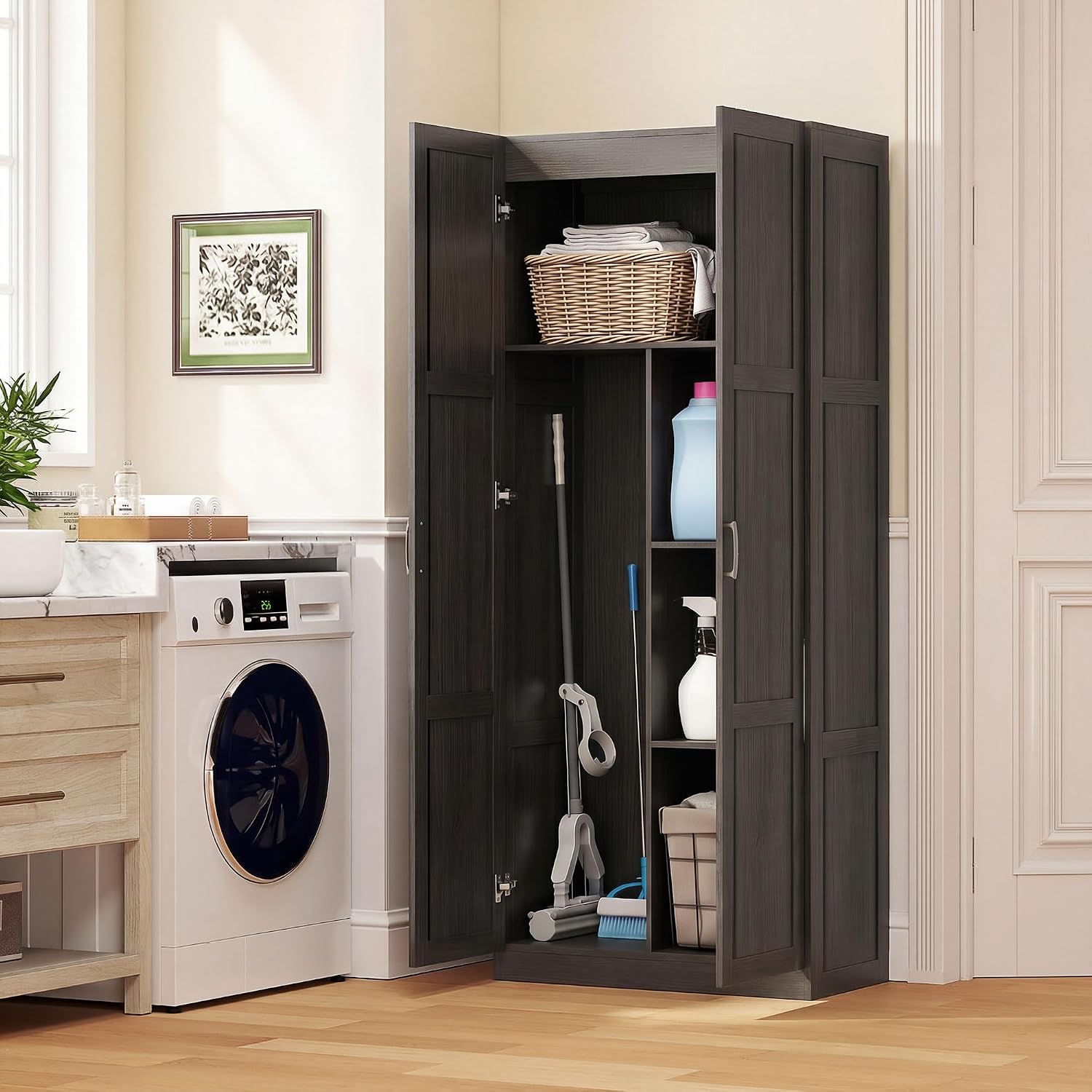 HOMCOM 71" Tall Kitchen Pantry Cabinet with 4 Adjustable Shelves Espresso | Large Multipurpose Storage Cabinet, Modern Farmhouse Freestanding Food Pantry, Framed Doors, Soft-Close Hinges