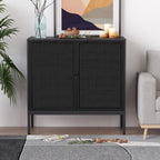 XIAO WEI Farmhouse Boho Sideboard Buffet Cabinet with Black Rattan Doors, Accent Credenza Console Storage Cabinet with Metal Legs for Living Room, Kitchen