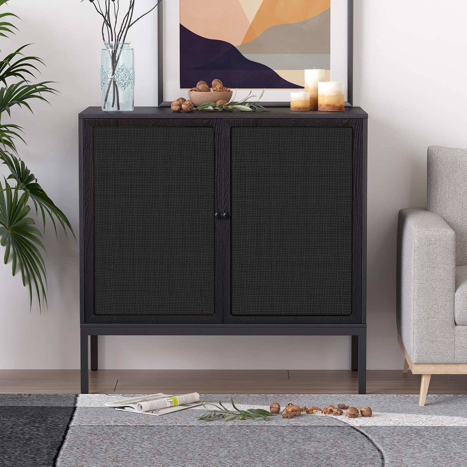 XIAO WEI Farmhouse Boho Sideboard Buffet Cabinet with Black Rattan Doors, 31.5" W Accent Credenza Console Storage Cabinet with Metal Legs for Living Room, Entryway, Kitchen/Set of 2