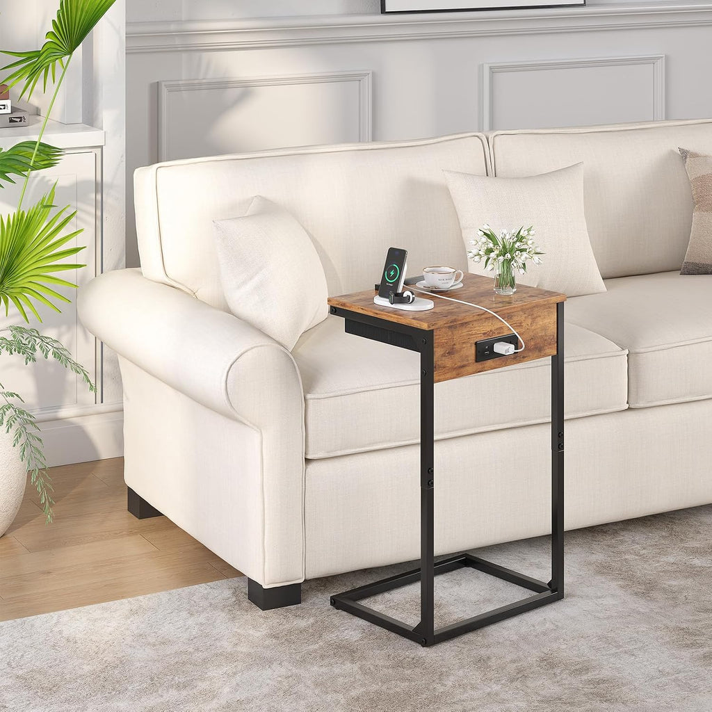 sthmec C Shaped End Table with Charging Station,45° Tiltable Adjustable Flip Top Side Table Set of 2,Small C Table Set 2 for Small Spaces,Slide Under Couch Sofa Bedside Table Living Room,Rustic Brown