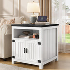 Farmhouse End Table with Charging Station, 24" Large Side Table with Open Shelf and Barn Door Storage, Wood Square Bedside Table Nightstand for Living Room, Bedroom (1, White)