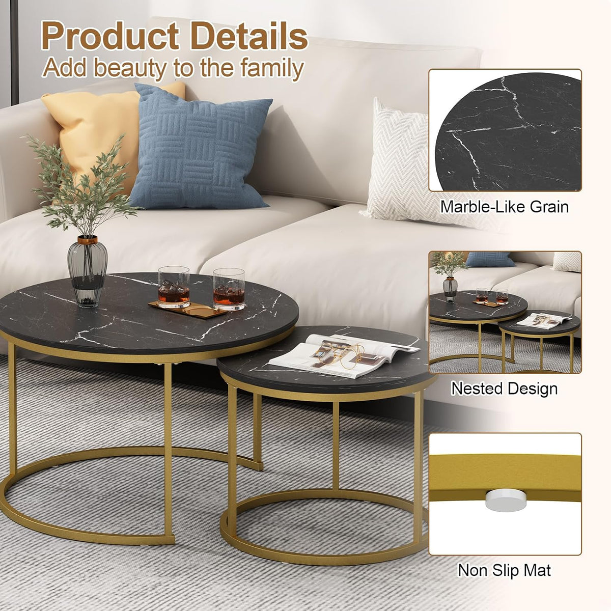 Nesting Coffee Table Set of 2, Wooden Marble Top (Black+Gold) | Nesting Tables, Sturdy Metal Frame, 120 LBS Capacity, Fits for Living Room, Bedroom, Easy Assembly