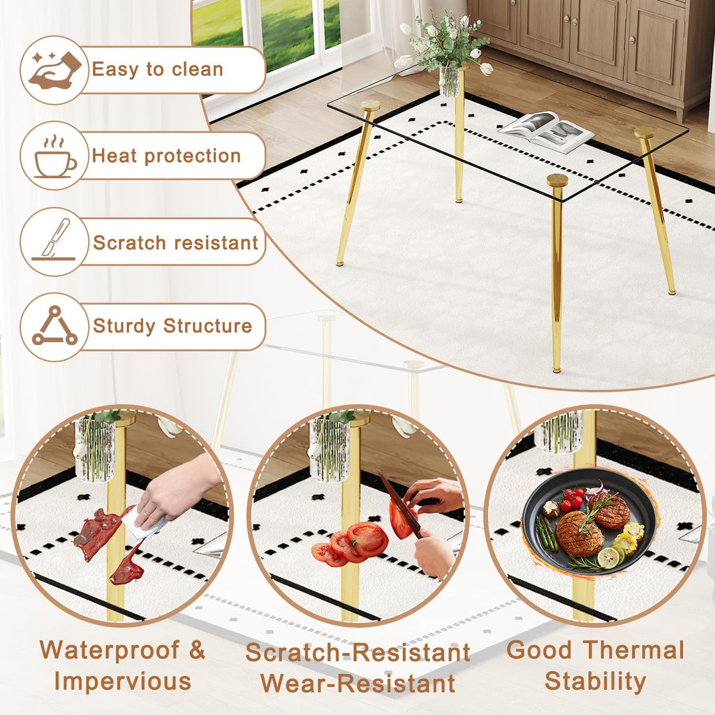 Ebullient Glass Dining Table Set for 6, 51" Clear Tempered Glass Table with Gold Chrome Metal Legs and 6 Transparent Acrylic Chairs, Compact Modern Kitchen Table Set for Small Space Dining Room