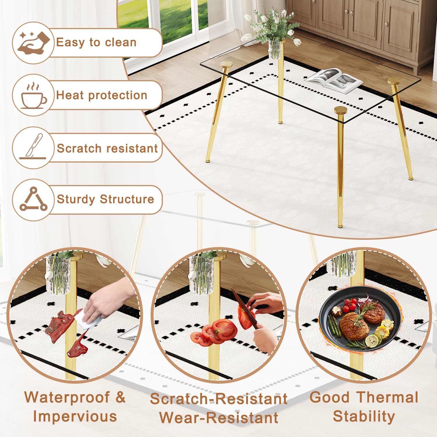 Ebullient Glass Dining Table Set for 6, 51" Clear Tempered Glass Table with Gold Chrome Metal Legs and 6 Transparent Acrylic Chairs, Compact Modern Kitchen Table Set for Small Space Dining Room