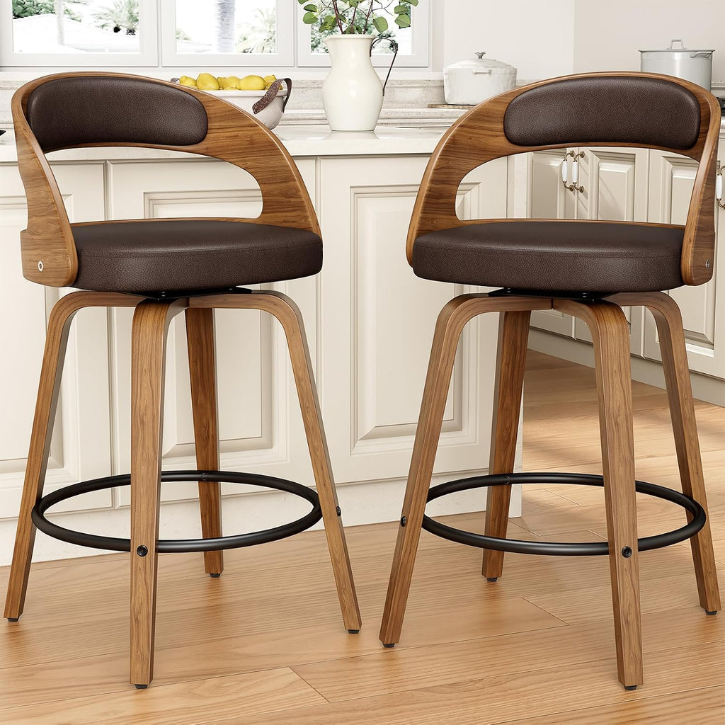 REONEY Swivel Bar Stools Set of 3, 26" Counter Height, Brown | Walnut Wood Legs, Upholstered Seat, Supportive Backrest, Mid-Century Modern, PU Leather, for Kitchen Island, Bar, Coffee Shop