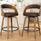 REONEY Swivel Bar Stools Set of 3, 26" Counter Height, Brown | Walnut Wood Legs, Upholstered Seat, Supportive Backrest, Mid-Century Modern, PU Leather, for Kitchen Island, Bar, Coffee Shop