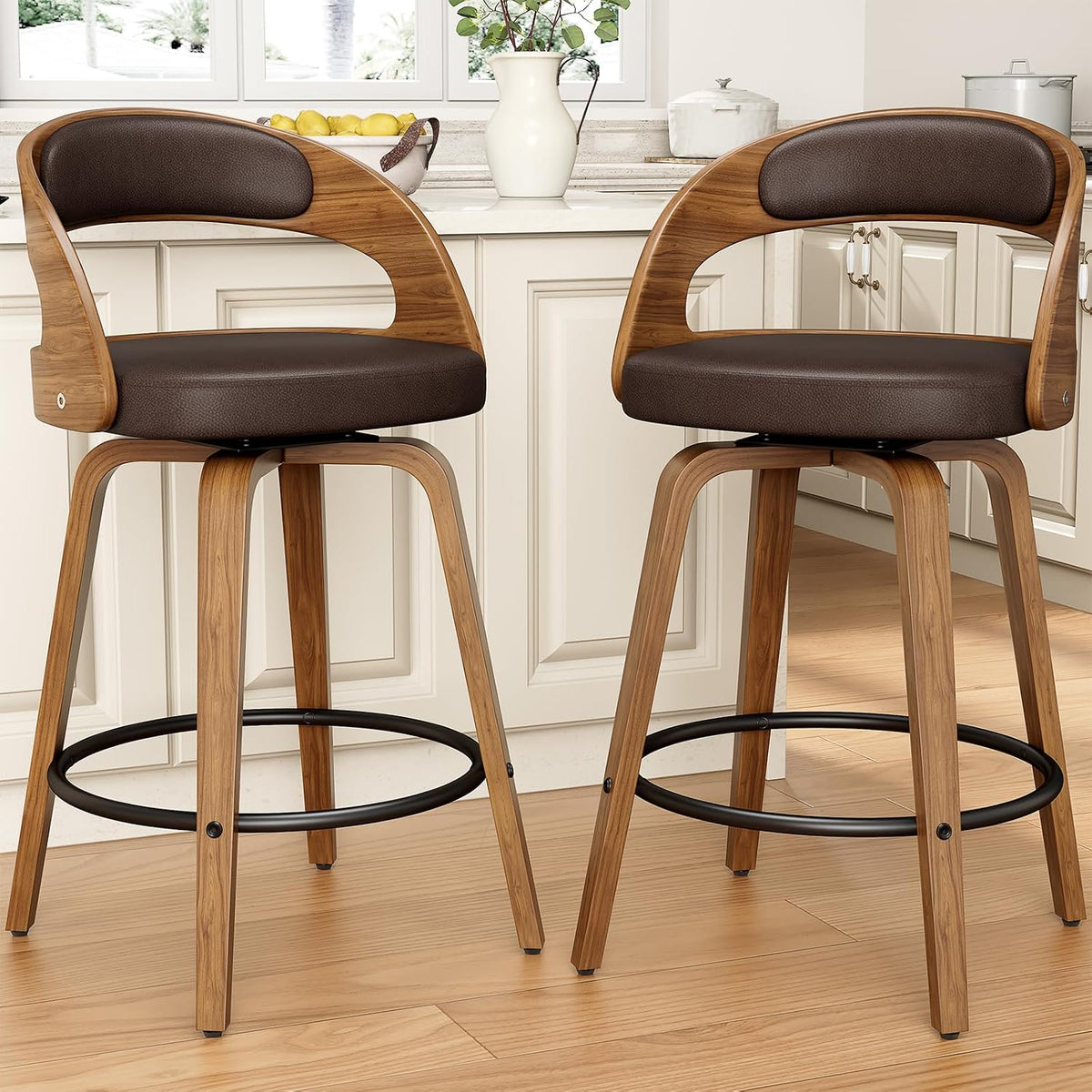 REONEY Swivel Bar Stools Set of 3, 26" Counter Height, Brown | Walnut Wood Legs, Upholstered Seat, Supportive Backrest, Mid-Century Modern, PU Leather, for Kitchen Island, Bar, Coffee Shop