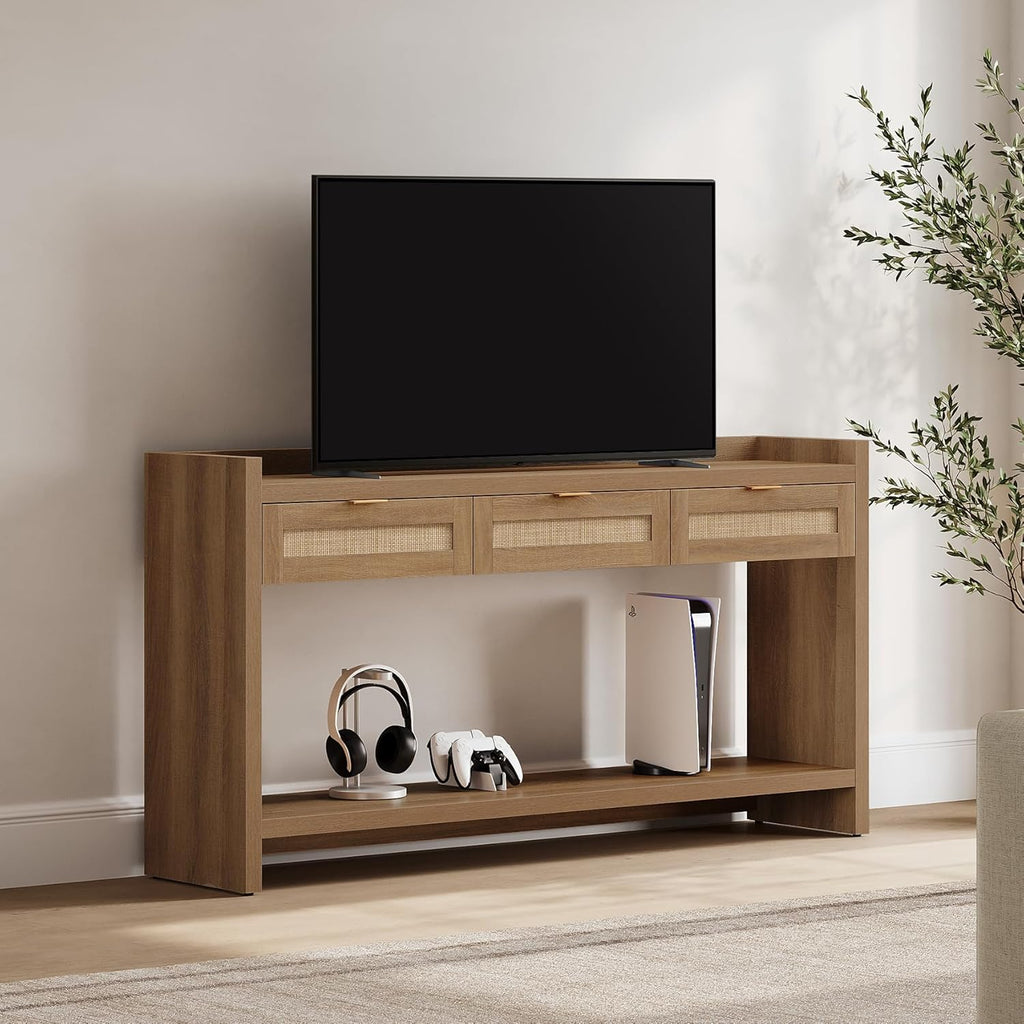 SICOTAS 60" Rattan Console Table for Entryway - Farmhouse Entry Table Sofa Table with 3 Drawers, Narrow TV Console Table with Storage for Living Room, Hallway, Couch, Foyer