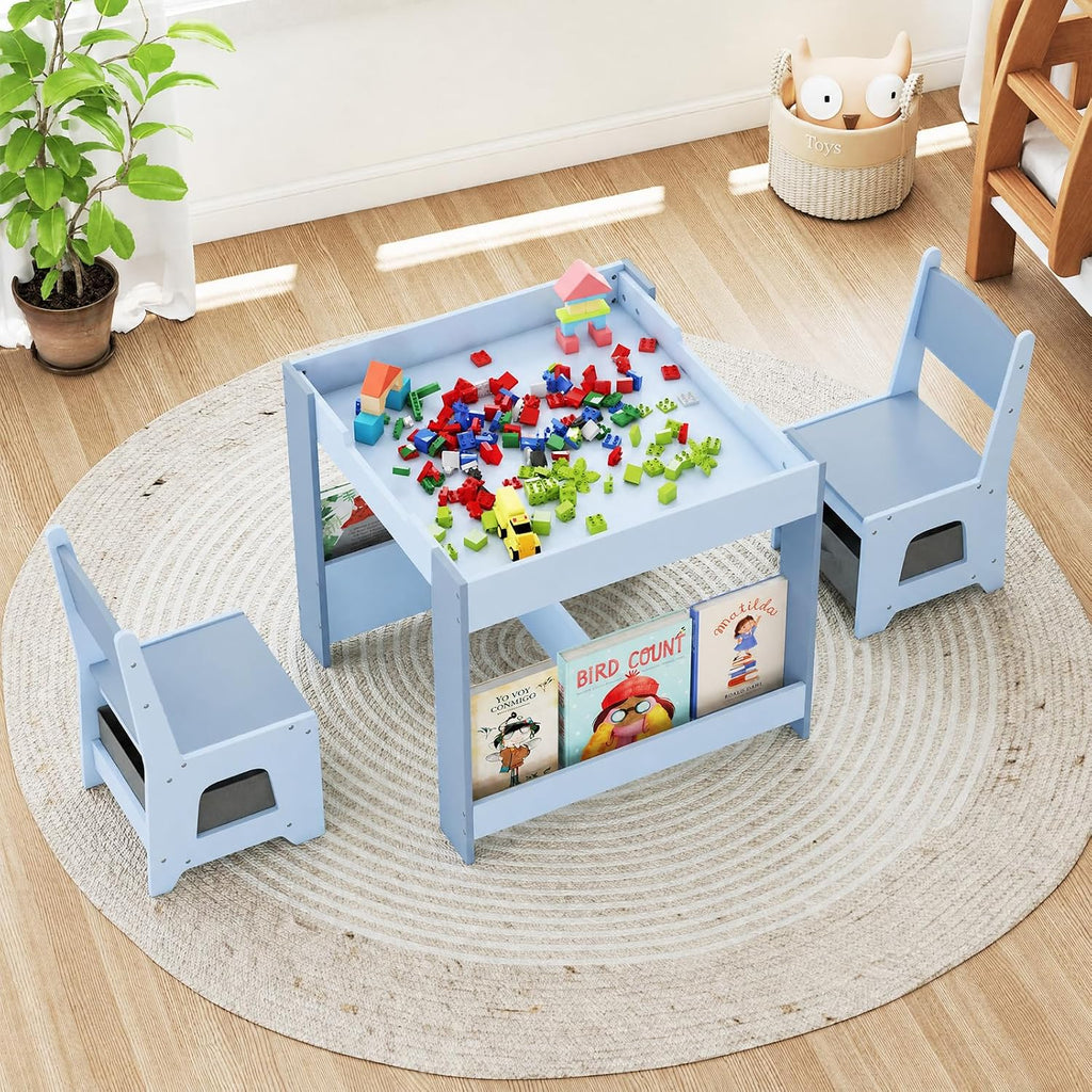 Children's Table with 2 Chairs Wood 3-Piece Furniture Set | Children's furniture set with shelf storage space and 4-in-1 painting table for children from 3 years