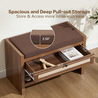 VipDesk Rattan Shoe Bench with Storage Drawer and Cushion Seat, Walnut Wood Entryway Bench 330 lbs Capacity, Waterproof for Hallway, Bedroom, Living Room