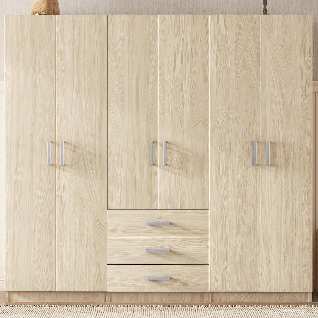 Merax Large 6 Doors Wooden Wardrobe, Bedroom Tall Armoire Closet Organizer with Big Drawers, Hanging Rails and Shelves, Clothes Storage Cabinet for Garage & Laundry Room, Natural
