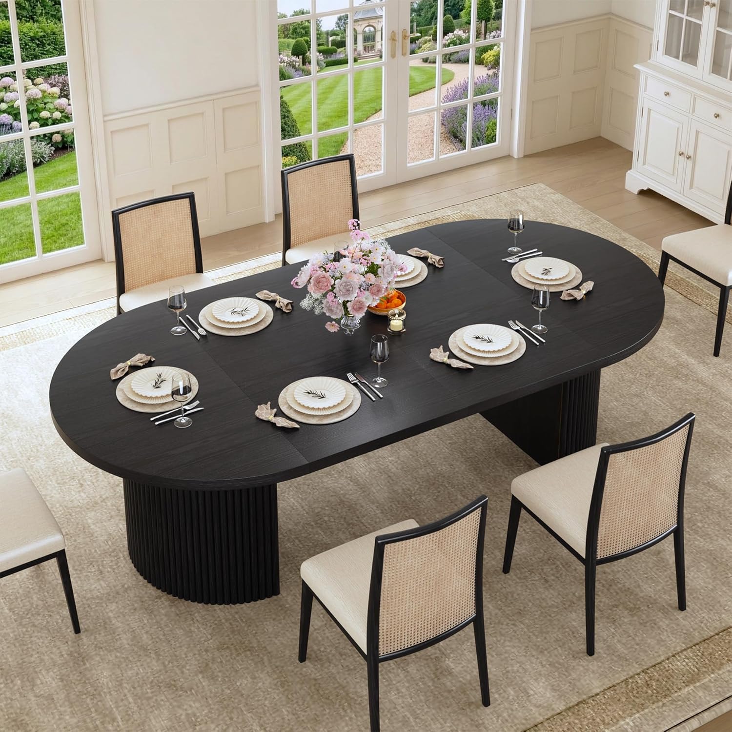 HUAHUU Extendable Round Dining Table for 4-8, 39in-77in Long Large Kitchen Table with Fluted Base, Space Saving Modern Farmhouse Oval Dinner Tables for Dining Room, Kitchen, Living Room, Natural