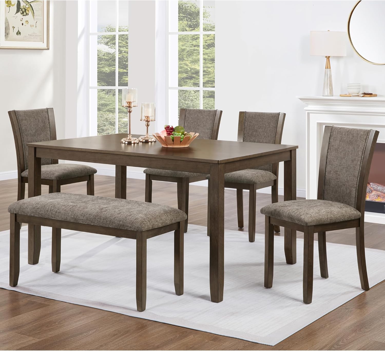 JIJIWANG 6-Piece Dining Table Set with Bench and Chairs, Wooden Dining Table for 6 People, Farmhouse Rustic Style 6 Person Dining Table Set for Dining Room Kitchen Dark Walnut