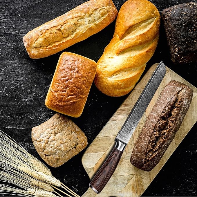 Wakoli Bread Knife, 7.9-inch Blade Damascus Chef Knife made from 67 Layers of Damascus Steel with VG10 Core, Sharp Kitchen Knives with Pakkawood Handle, Chefs Knife for Breads in Gift Box (EDIB)
