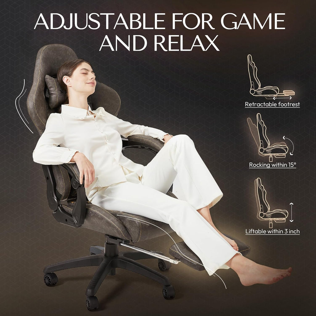 Dowinx Big & Tall Vintage Gaming Chair for Adults, 400 lb Capacity Heavy Duty Ergonomic Computer Chair with Massage Lumbar, Footrest & Easy Side Recline, Brown