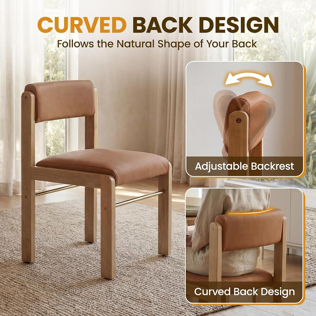 CIMOTA Faux Leather Dining Chairs Set of 4, Mid Century Modern Upholstered Dining Room Chairs with Wood Frame/Adjustable Back for Kitchen, PU Brown