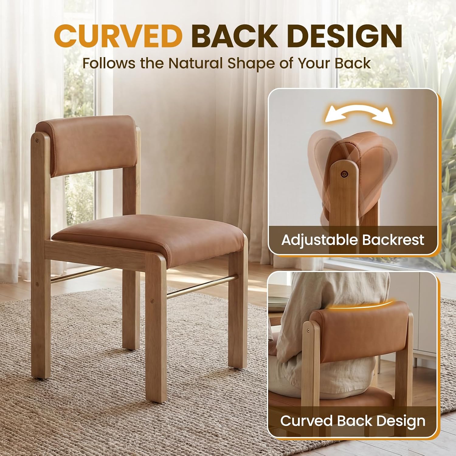 CIMOTA Faux Leather Dining Chairs Set of 4, Mid Century Modern Upholstered Dining Room Chairs with Wood Frame/Adjustable Back for Kitchen, PU Brown
