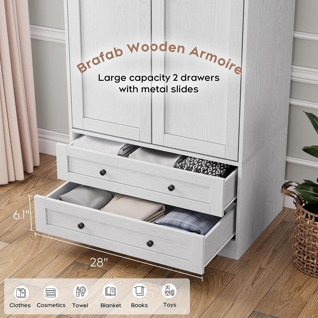 Brafab 2 Doors Wooden Armoire Wardrobe Closet with 2 Drawers, White | 2 Modern Doors, Freestanding, with Drawers and Hanging Rail, Wooden Storage Cabinet with Shelf, for Bedroom